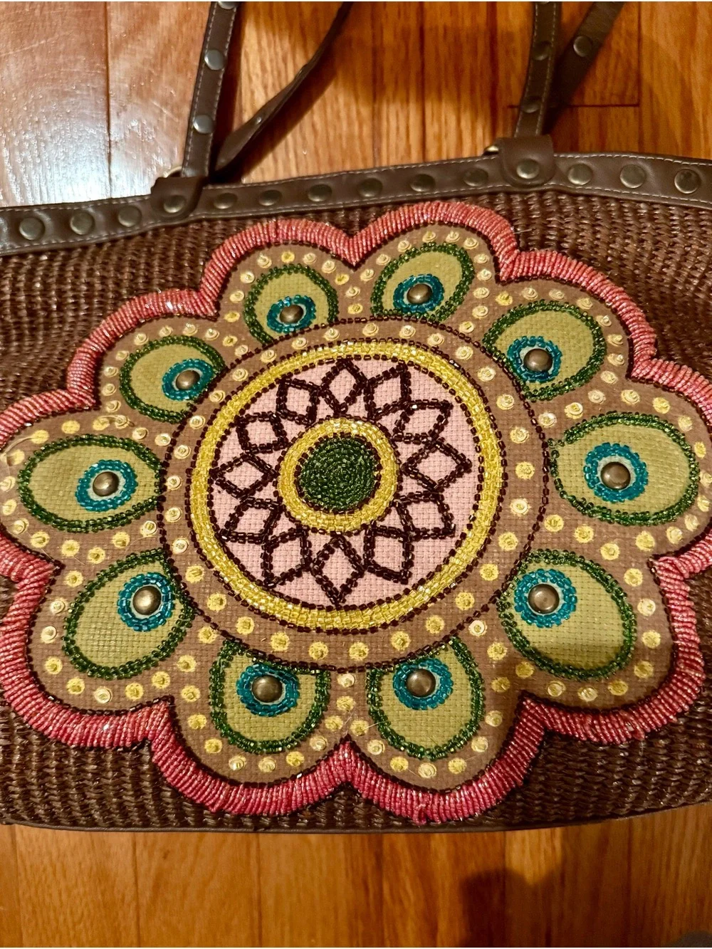 Isabella Fiore Brown Woven Shoulder Bag Beaded Mandala Pink & Green